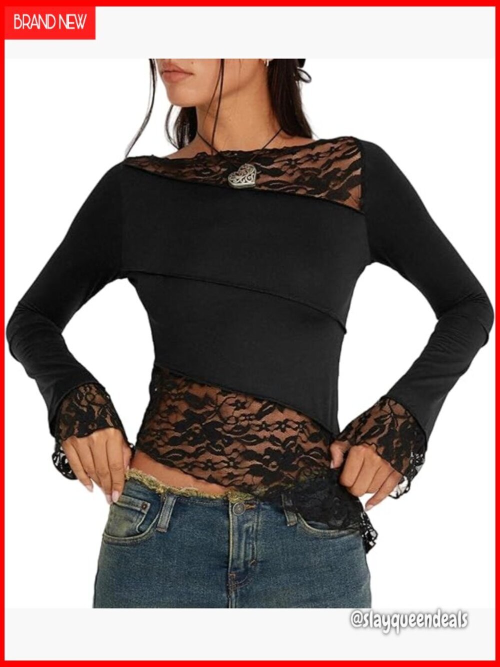 Sheer Lace Long Sleeve Crop Top Boat Neck Asymmetrical Slim Fit Blouse